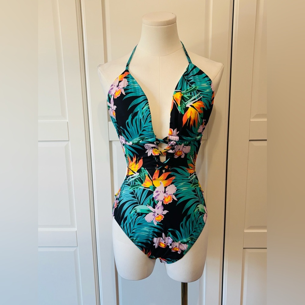 Tropical Halter One-Piece Swimsuit in Sizes XXL, 3XL, 4XL